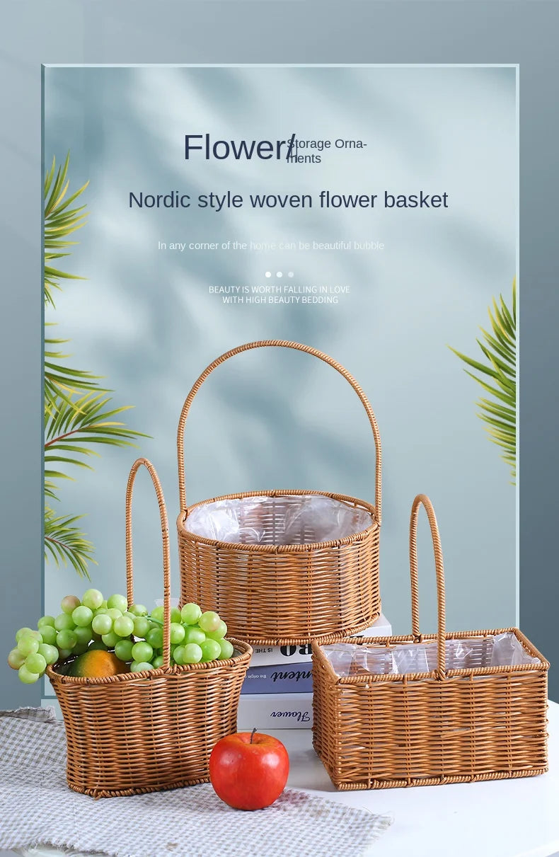 Portable Outdoor Picnic Basket Home Decorative Storage Woven Flower Pot Hand-held Rattan Wicker Accompanying Gift Floral Basket