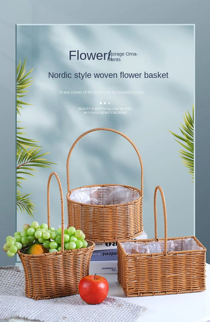 Portable Outdoor Picnic Basket Home Decorative Storage Woven Flower Pot Hand-held Rattan Wicker Accompanying Gift Floral Basket