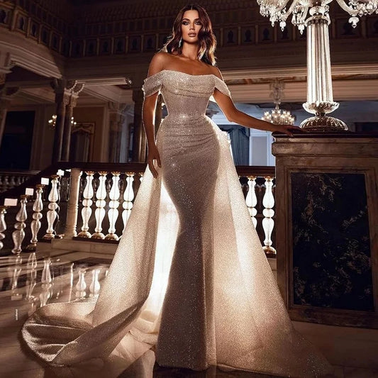 11940# Off-Shoulder Bohemian Shiny Lace Beach Mermaid Wedding Dress Short Sleeves Detachable Train Wedding Dress Bridal Gown