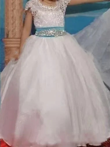 Morili Sweetheart Back Lace Princess Ball Gown Cheap Customized Short Sleeve Wedding Kids Flower Girl Dresses MFA300