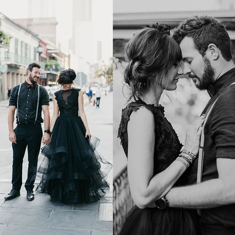 8316# Elegant Sleeveless Black Sweep Train Tulle Wedding Dress A-Line  Backless Scoop Lace Applique  Tiered Wedding Bridal Gown