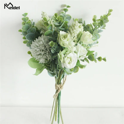 Meldel Wedding Flower Bouquet Artificial Silk Rose Lucky Ball Flower Home Wedding Decor Bride Bouquet Forest Style Eucalyptus