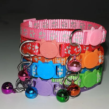 Cute 1.0cm Reflective Stripe Cat Collar with Breakaway Head Plastic Buckle Polyester Small Colored Bell Printed Pet Paws Design
