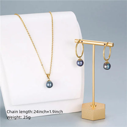 High Quality Cheap Pearl Dubai Gold Plated Stainless Steel Pendant Necklace Earrings Jewelry Set for Women