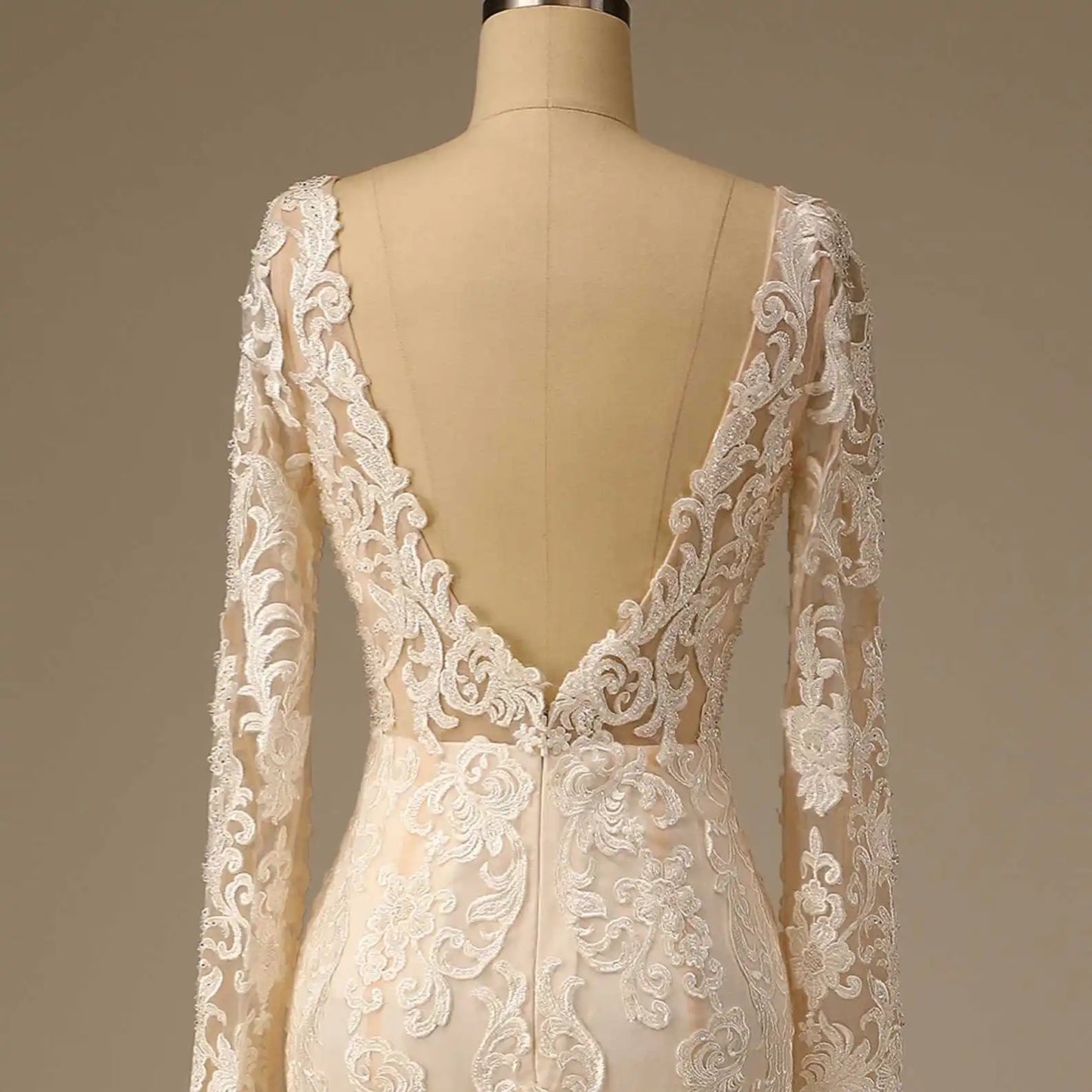 11988#Long Sleeves Sexy V-Neck Bohemian Backless Beach Mermaid Wedding Dress Sweep Train Lace Applique Wedding Dress Bridal Gown