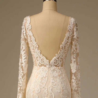 11988#Long Sleeves Sexy V-Neck Bohemian Backless Beach Mermaid Wedding Dress Sweep Train Lace Applique Wedding Dress Bridal Gown