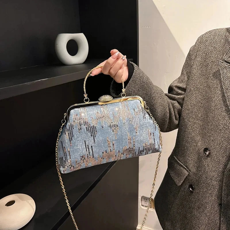 Women Denim Sequin Metal Handbags and Purse Crystal Chain Shoulder Bags Lady Party Clip Shell Designer Luxury Evening Clutch