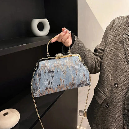 Women Denim Sequin Metal Handbags and Purse Crystal Chain Shoulder Bags Lady Party Clip Shell Designer Luxury Evening Clutch