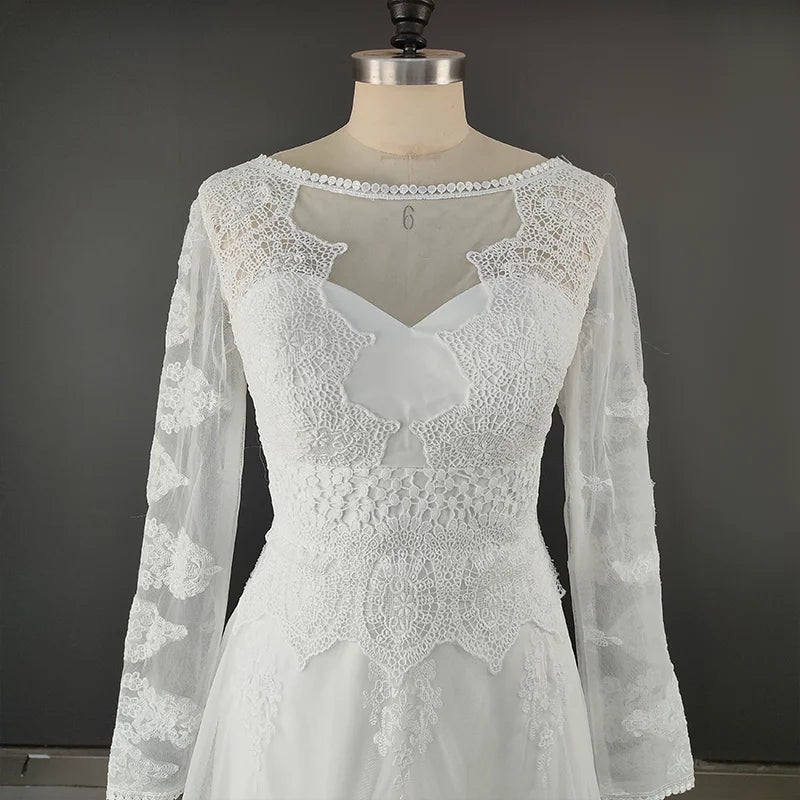 1301#  REAL PHOTO Scoop Neck Backless Beach Lace Sweep Train Boho Full Sleeve Bride Gown Wedding Dress Bridal Gown