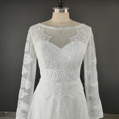 1301#  REAL PHOTO Scoop Neck Backless Beach Lace Sweep Train Boho Full Sleeve Bride Gown Wedding Dress Bridal Gown