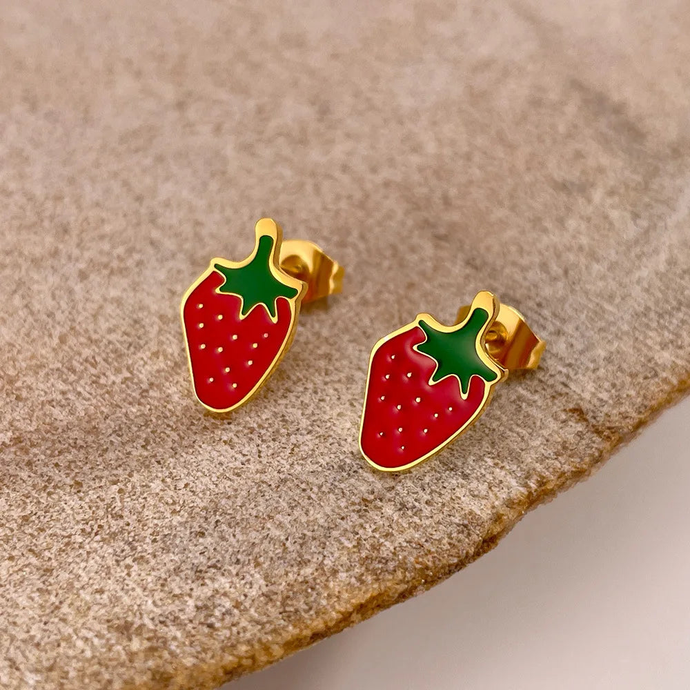 Strawberry Cherry Enamel 14K Gold Plated Women Ladies Stud Earring Stainless Steel Small Charm Earring Fashion Jewelry Set Fruit