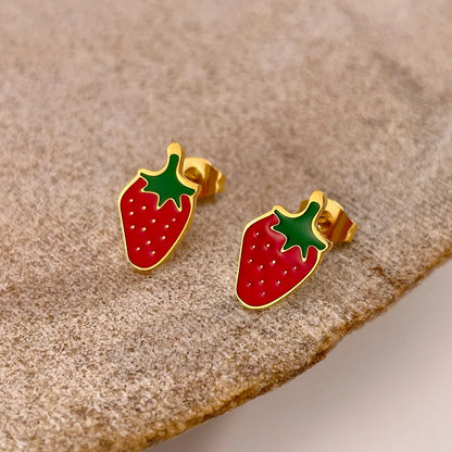 Strawberry Cherry Enamel 14K Gold Plated Women Ladies Stud Earring Stainless Steel Small Charm Earring Fashion Jewelry Set Fruit