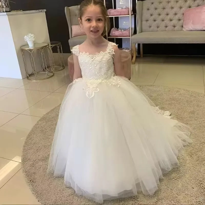 Morili Puffy Big Size Appliqued Lace Ball Gown Sheer Neck Customized Appliques Kids Wedding Flower Girl Dresses MF504