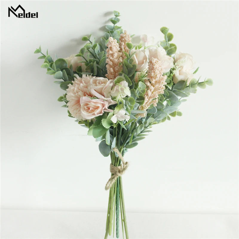 Meldel Wedding Flower Bouquet Artificial Silk Rose Lucky Ball Flower Home Wedding Decor Bride Bouquet Forest Style Eucalyptus