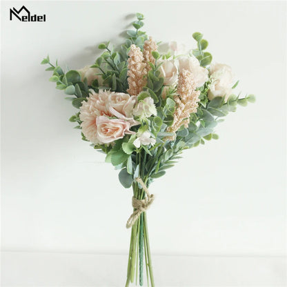 Meldel Wedding Flower Bouquet Artificial Silk Rose Lucky Ball Flower Home Wedding Decor Bride Bouquet Forest Style Eucalyptus