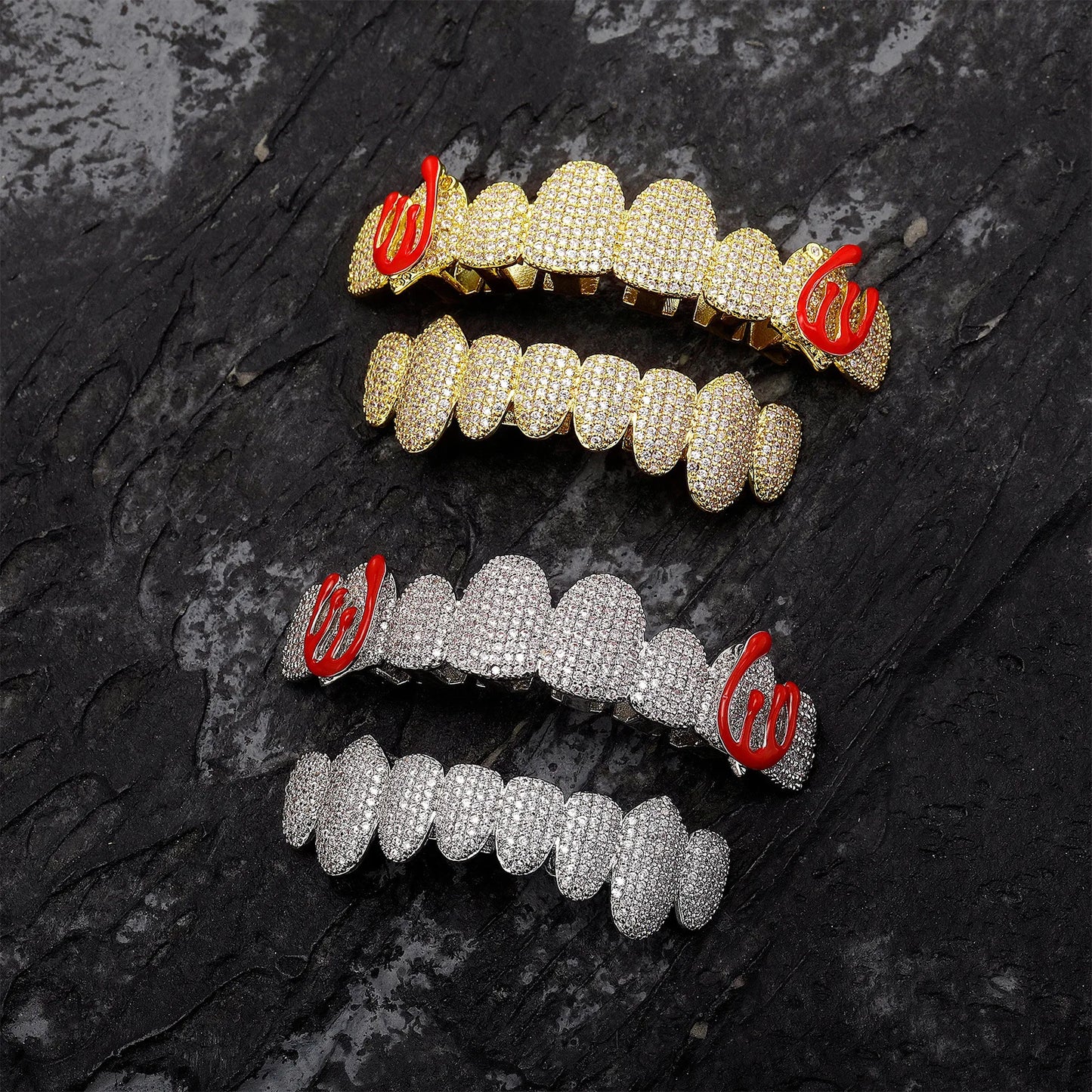 Hiphop Full Diamond Grillz Braces 8 Teeth Colorful Enamel Inlaid Diamond Online Shopping Seller Special Supply
