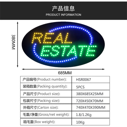 15*27 Inch REAL ESTATE Company Advertising Signs, Led Open Sign Led Vision Indoor Display for Houses Buildings Land