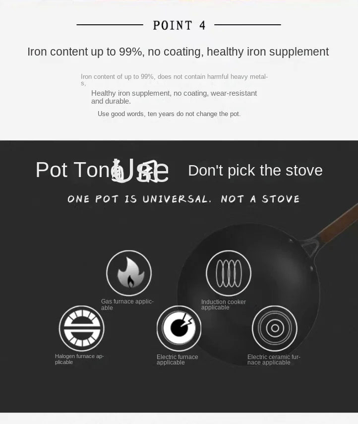 Extra Thick Nitrided Cast Iron Frying Pan Wood Grain Handle Tempered Glass Lid Non-Coated Non-Stick Surface CE Certified