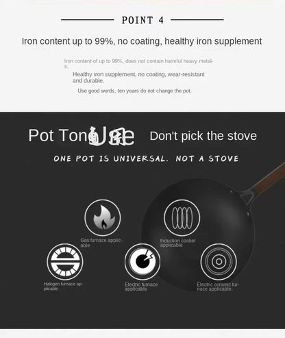 Extra Thick Nitrided Cast Iron Frying Pan Wood Grain Handle Tempered Glass Lid Non-Coated Non-Stick Surface CE Certified