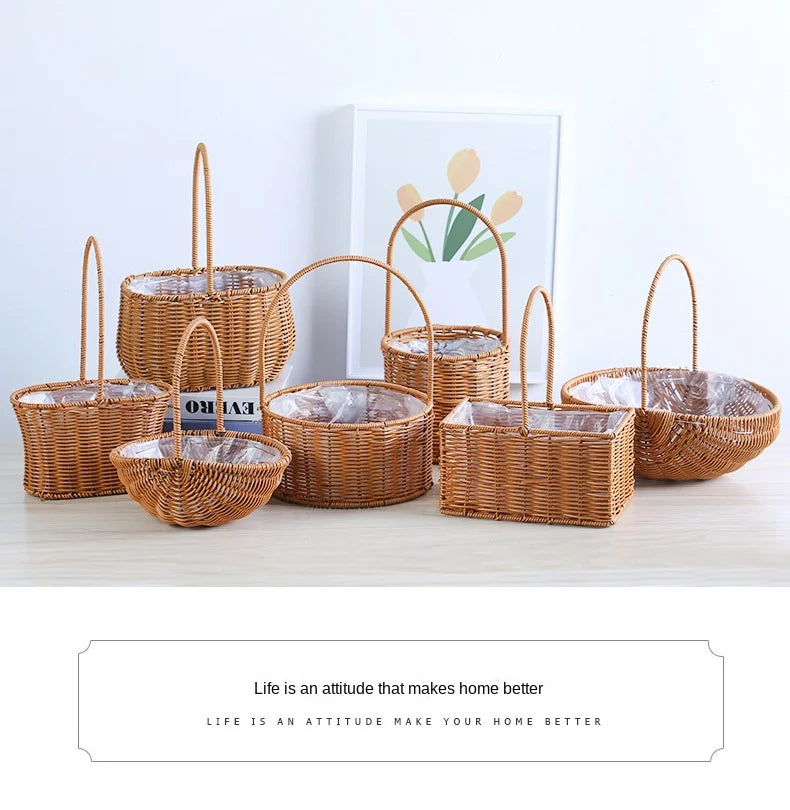 Portable Outdoor Picnic Basket Home Decorative Storage Woven Flower Pot Hand-held Rattan Wicker Accompanying Gift Floral Basket