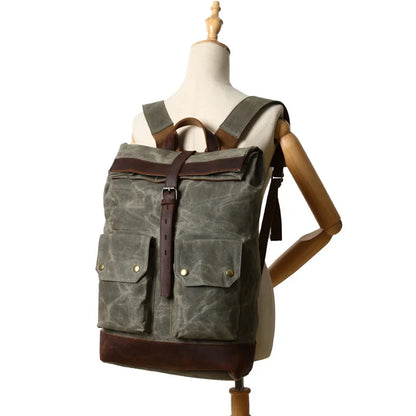 MUCHUAN 2303 Waxed Canvas Leather Backpacks for Men Wholesale Roll Top Hiking Camping Rucksack Knapsack Bags