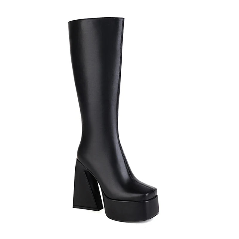 Stone Prints Women Platform Knee High Boots Mirror Patent Square Toe Long Booties Thick Block Heel Shoes Ladies Size 43