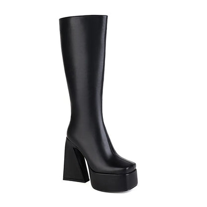 Stone Prints Women Platform Knee High Boots Mirror Patent Square Toe Long Booties Thick Block Heel Shoes Ladies Size 43