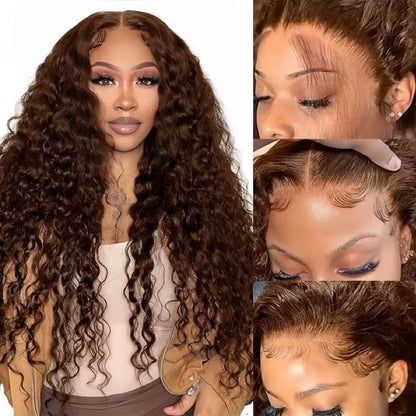 13x6 Light Brown Deep Wave Curly  HD Lace Front Wig Brazilian Remy Human Hair Glueless Lace Frontal Closure Wig for Black Women
