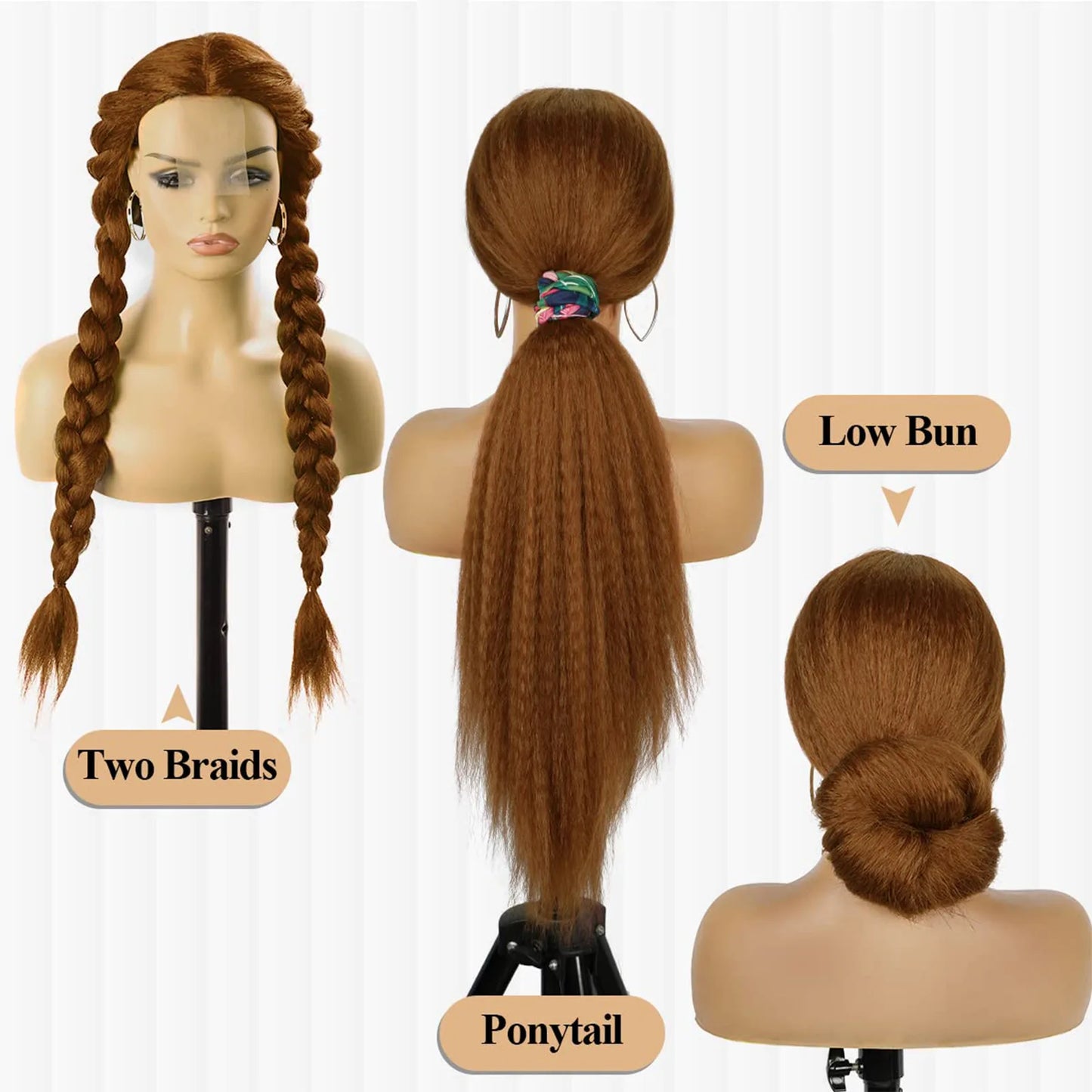 32-Inch Middle Center Part Hair Wig Yaki Kinky Straight Afro Synthetic Fiber Glueless Machine-Made Wigs Women