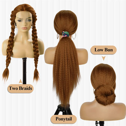 32-Inch Middle Center Part Hair Wig Yaki Kinky Straight Afro Synthetic Fiber Glueless Machine-Made Wigs Women