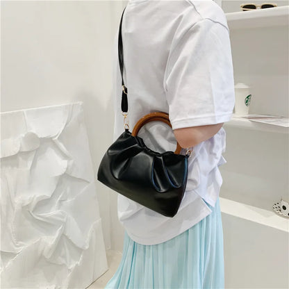 Strength Manufacturer Fashion New Style Wooden Handle Soft Pleated Women Handbag Mini Crossbody Bag Handmade