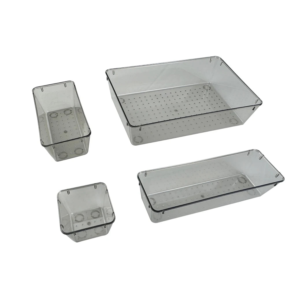 Hot Selling 4 Different Sizes Stackable Clear PET Kitchen Accessories Plastic clear Drawer Organizer Set for Cosmetics Jewelry