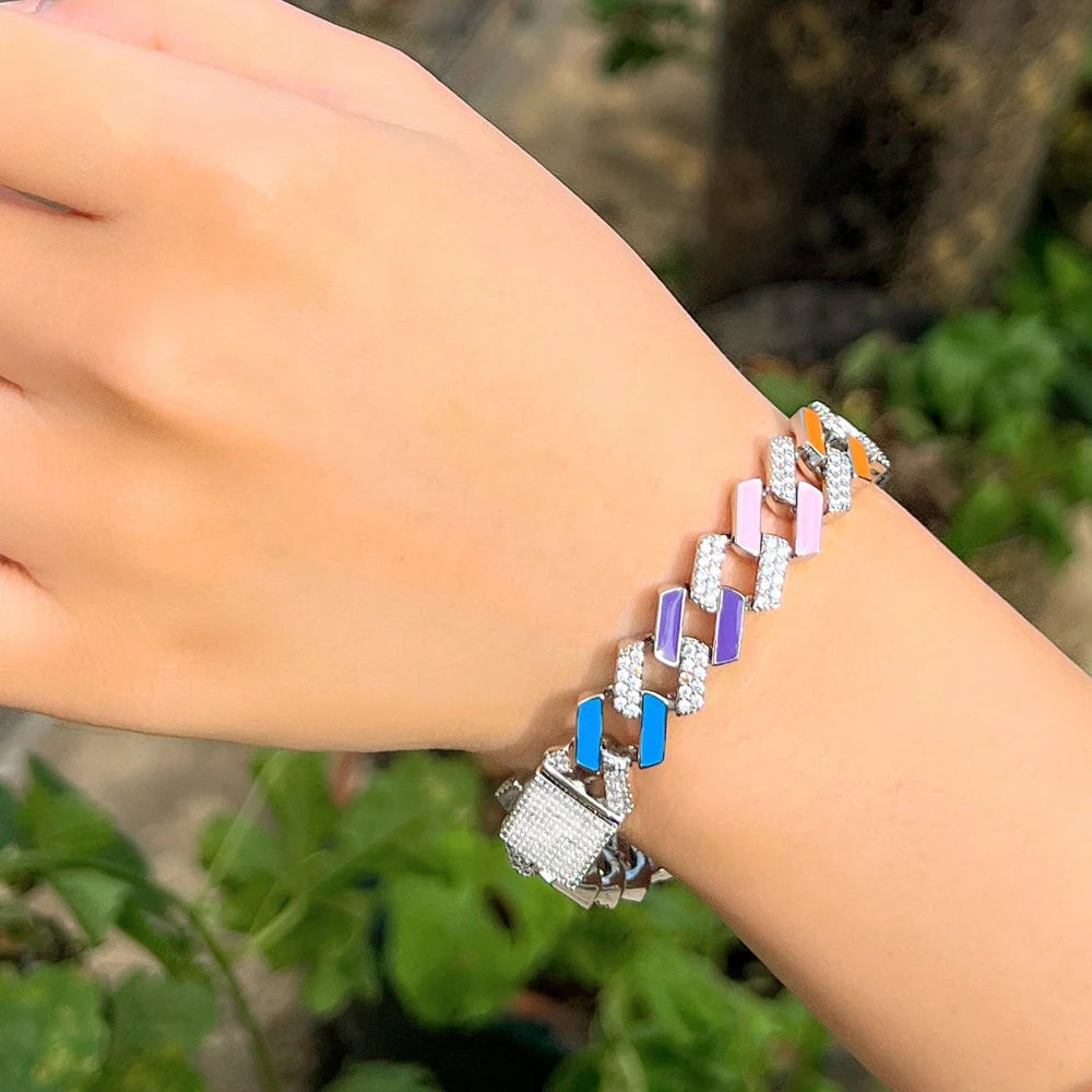 Glittering Colorful Unique Design Jewelry Cubic Zirconia Stone Paved Enamel Chunky Cuban Chain Link Bracelets Bangles for Women