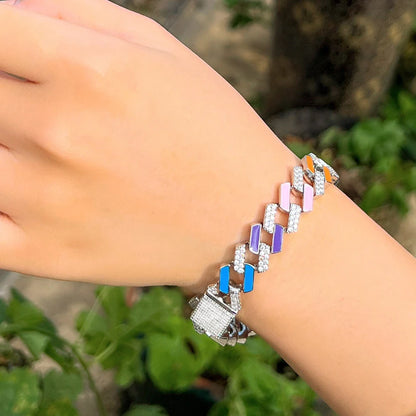 Glittering Colorful Unique Design Jewelry Cubic Zirconia Stone Paved Enamel Chunky Cuban Chain Link Bracelets Bangles for Women