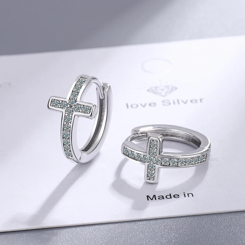 Fanqieliu Stamp 925 Silver Needle CZ Zircon Cross Hoop Earrings For Woman New Jewelry Girl Gift Trendy FQL21473