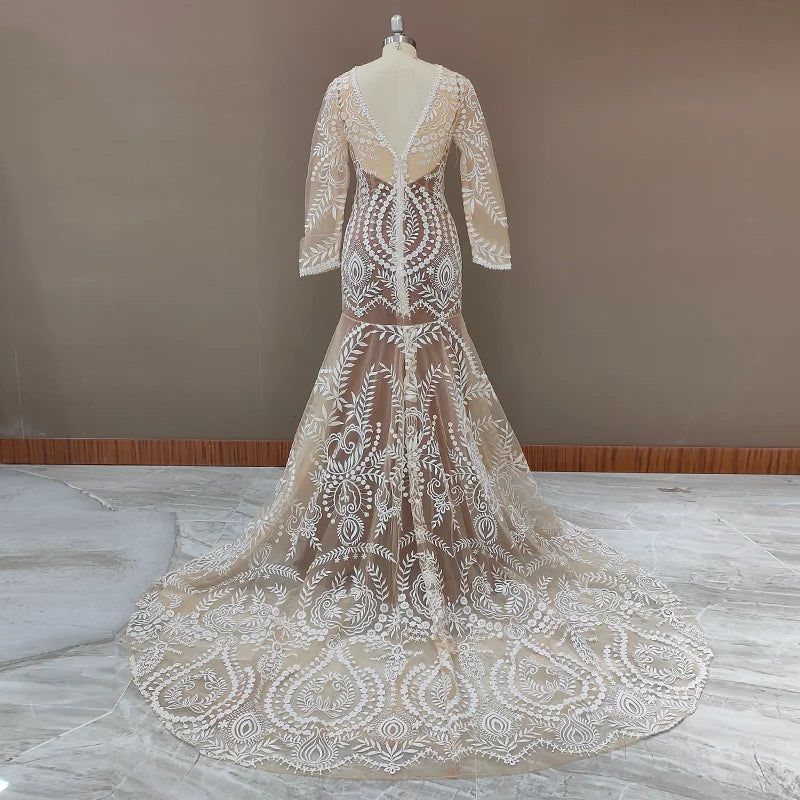 #4055 2 Piece in 1 BOHO Bohemian Long Sleeve Destination Wedding Dress Appliques Lace Wedding Shoot Post Bridal Gown REAL PHOTO