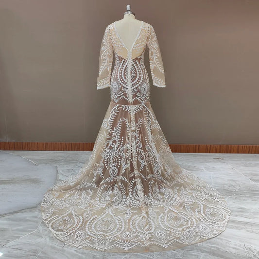 #4055 2 Piece in 1 BOHO Bohemian Long Sleeve Destination Wedding Dress Appliques Lace Wedding Shoot Post Bridal Gown REAL PHOTO