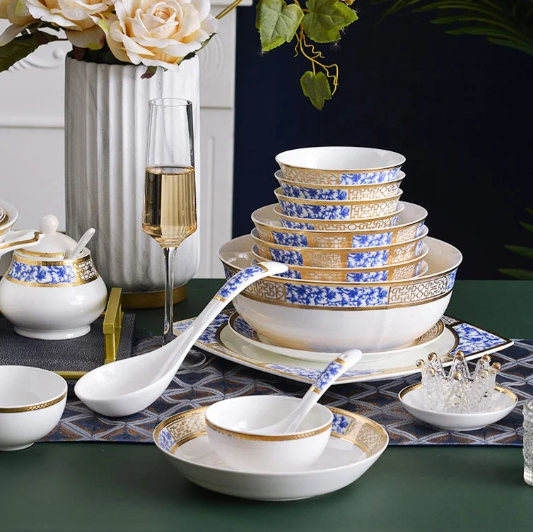 Light Luxury Tableware Set Bowls and Dishes Combination Enamel Blue and White Embossed Bowls and Dishes