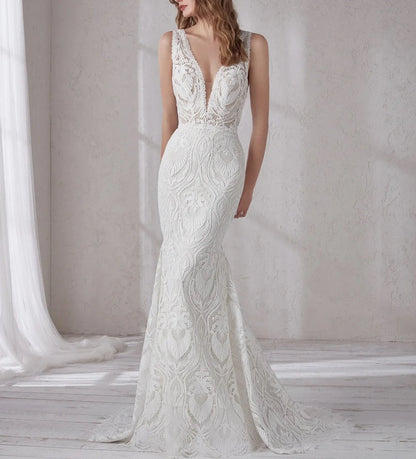 11941#Elegant Sleeveless Gorgeous Deep V Neck Open Back Bohemian Lace Mermaid Beach Wedding Dress Wedding Bridal Gown
