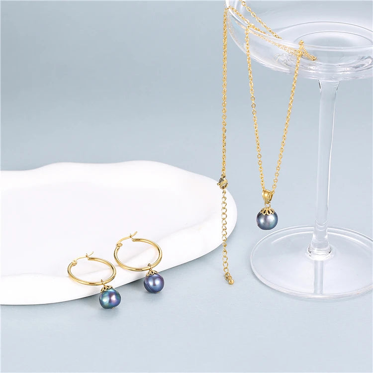 High Quality Cheap Pearl Dubai Gold Plated Stainless Steel Pendant Necklace Earrings Jewelry Set for Women