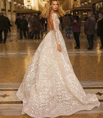 11942#Long Sleeves Gorgeous Deep V Neck Sexy Open Back Bohemian Lace Applique Beach A-Line Wedding Dress Wedding Bridal Gown