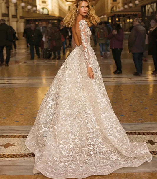 11942#Long Sleeves Gorgeous Deep V Neck Sexy Open Back Bohemian Lace Applique Beach A-Line Wedding Dress Wedding Bridal Gown