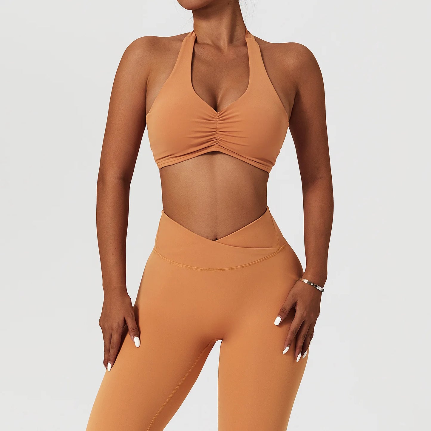 JY 2023 New Ropa Deportiva Vetements De Sport Femme Sports Halter V-neck Bra High Waist V-cut Leggings Pants 2 Pcs Yoga Sets Fit