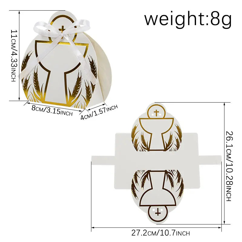 50PCS Recycled Materials Christening Holy Grail Design Candy Treat Foldable Paper Box Ribbon Baptism Cross Cookie Baby Shower