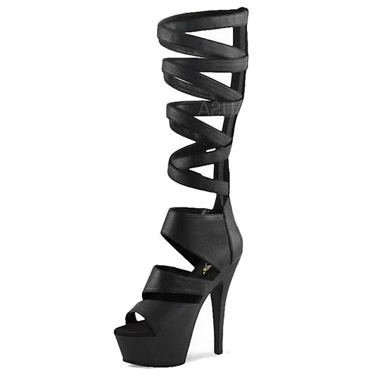 Black Patent Leather Cross Strap Back Zipper Thin Heel 6-inch Nightclub Pole Dance High Heels Model Catwalk Fish Mouth Sandals