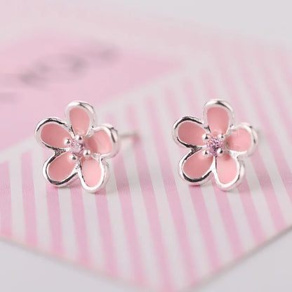 925 Sterling Silver Pink Flower Stud Earrings - Elegant Wedding Jewelry for Women