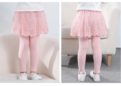 Girls Lace Princess Skirt Leggings - Premium Cotton Blend Pants for Kids Ages 2-6 Years