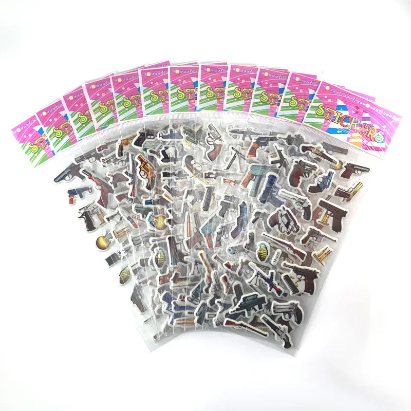 12Sheets/Set Military Fans Weapon Gun Pistol Stickers for Kids Boys PVC Bubble Scrapbook DIY Toys