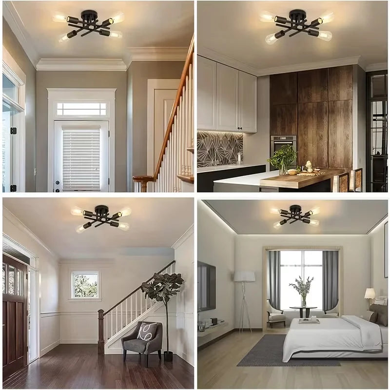 Modern Industrial Style Black 4-Bulb Flush Mount Ceiling Light Semi Flush Mount Lighting Fixture for Kitchen Hallway Laundry