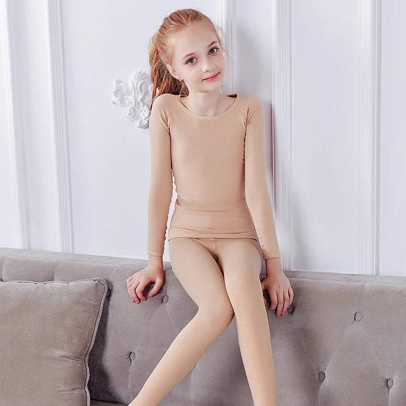Girls Thermal Underwear Suits Nude Stretch Ballet Underwear Set Dance Tights Leotard for Winter